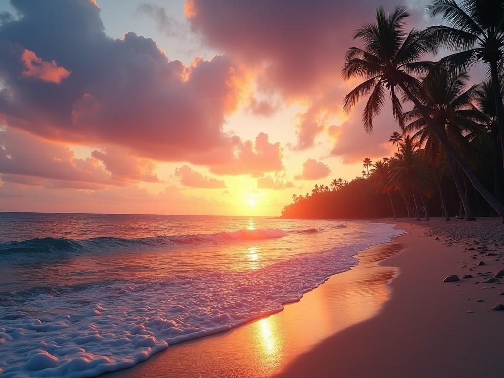 This image captures a stunning sunset on a deserted beach. The sky is filled with orange and pink hues, blending beautifully into a deep blue near the horizon. Gentle waves lap against the shore, reflecting the colors of the sky. Lush palm trees line the edge of the beach, adding to the tropical feel. It evokes a sense of peace and relaxation, making it ideal for travel-related themes.