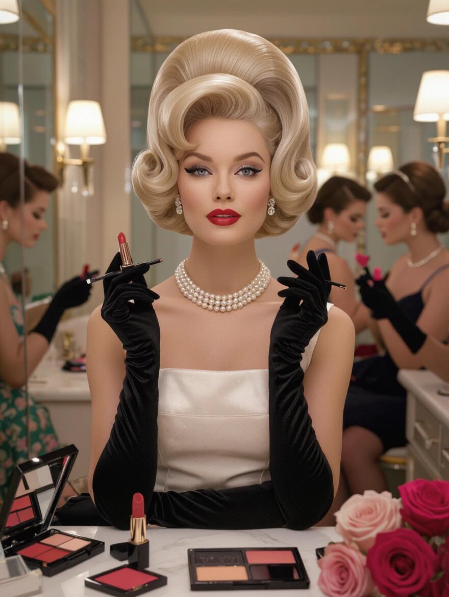 Stunning portrait of a 1960s woman with voluminous platinum blonde hairstyle and delicate pearl necklace. She holds lipstick between her fingers, wearing high heels. Her makeup is flawless with winged eyeliner and ruby red lipstick. Dressed in a classic little dress with black gloves. Scene set in a fancy powder room with soft lighting and elegant decor. Women around her doing makeup. Captures mid-century sophistication.