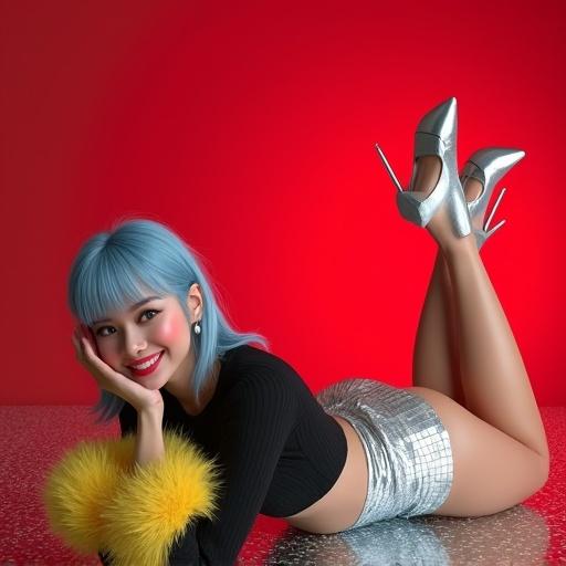 Full body photo featuring a woman with blue-grey hair lying on a disco floor wearing a shiny mini skirt and black crop top. She has fluffy yellow accessories, reflecting a red background. The composition highlights her playful pose with raised legs and bright makeup.