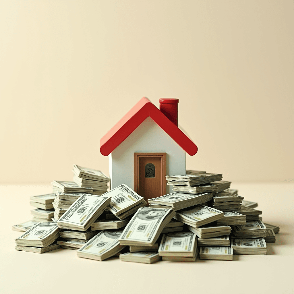 A small model house surrounded by piles of cash, symbolizing real estate wealth.