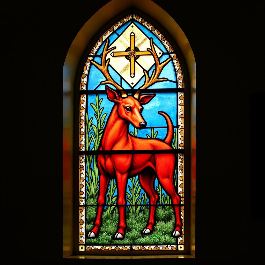 Stained glass window with a stag designed in bright colors. Intricate detailing on a decorative art form. Positioned within a church, expressing spirituality through its artistic elements.