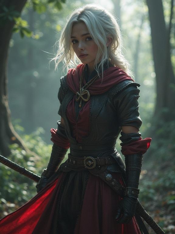A photograph of a female character in a mystical forest. The character wears a black and red outfit, with a hood and gloves, holding a sword. Soft light filters through the trees, enhancing the atmospheric environment.