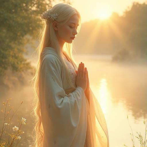 A semi-realistic portrait of an ethereal young woman embodying divine light and ancient Japanese grace. She stands with her hands together in a prayer gesture, eyes closed or looking down with a compassionate expression. Flowing pale golden hair glows softly, cascading over her shoulders. Elegant ceremonial robes in white, gold, crimson with subtle patterns inspired by sacred mirrors. Adorned with small white wildflowers and dewdrops. Surrounded by a golden halo of light in a tranquil natural setting with morning mist.