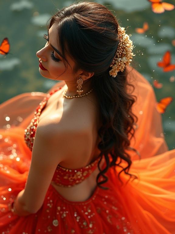Bird's-eye view of a stunning young Indian bride with long brunette hair styled elegantly. She wears a vibrant bridal outfit with translucent fabrics. Skin glistens with water droplets. Butterflies swirl near her head. A creative and cinematic scene.