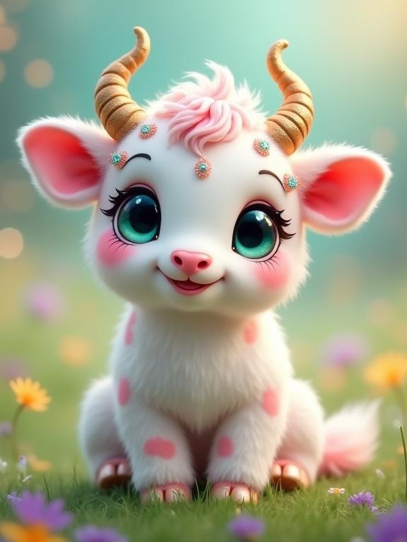 The image features a whimsical creature resembling a calf with a fluffy white body. The creature has pink patches, large teal eyes, and golden textured horns with embellishments. The backdrop is a magical meadow with colorful flowers and soft glowing lights. A delightful and enchanting atmosphere is present.