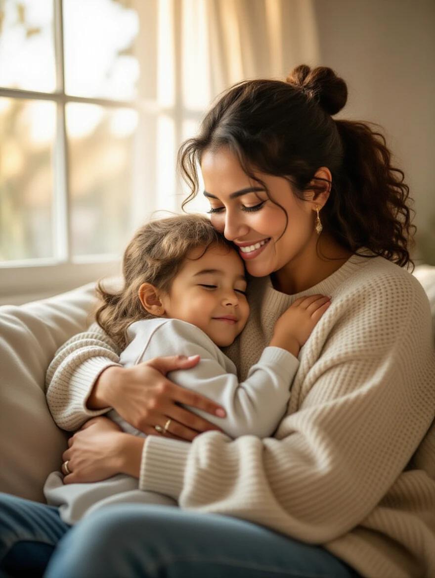 Mexican mother hugs her child after finishing remote work. Evening light comes through the window. The expression is peaceful and fulfilled. Cozy family home environment is depicted. The scene has cinematic lighting with ultra-detailed natural skin tones and textures.