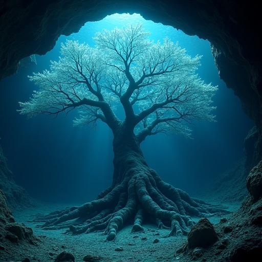 A colossal ancient tree with luminous branches grows on the ocean floor. Bioluminescent creatures illuminate the hidden grotto. Water glows softly around the roots. Scene shows a harmonious marine ecosystem.