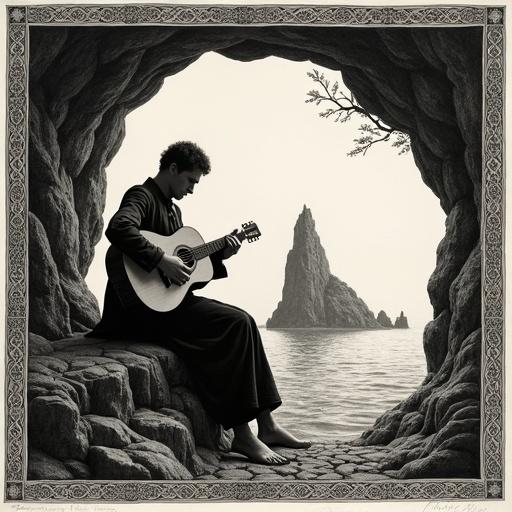Musician seated on hexagonal basalt columns playing a guitar. Scene overlooks water and rocky cliffs. Artwork features a detailed border with Celtic knot patterns. The style resembles optical art with chiaroscuro techniques.