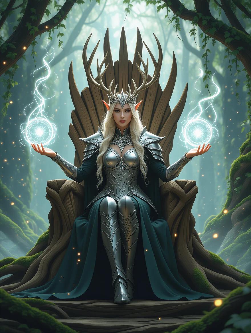 Elven queen seated on a living wood throne. Antler crown complements silver armor etched with glowing arcane runes. Hands channel ethereal magic. Floating runes and vines circle her. Radiant magical aura in enchanted forest throne room. Glowing moss and ivy-draped roots create ambiance. Swirling fireflies and mystical fog enhance atmosphere. Backlit with divine glow, cinematic lighting showcases the scene.
