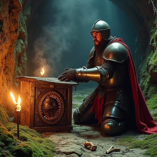 A rugged European knight kneels in a moss-covered dungeon opening a treasure chest. Full plate armor shows battle scars. His crimson cape trails behind. Iron helm is pushed back revealing a scarred face expressing horror. The chest transforms into a mimic with sharp teeth and bulging eyes. The knight gasps in shock recoiling for attack. Flickering torches light the damp stone walls creating monstrous shadows. Bones and cobwebs are scattered on the ground.