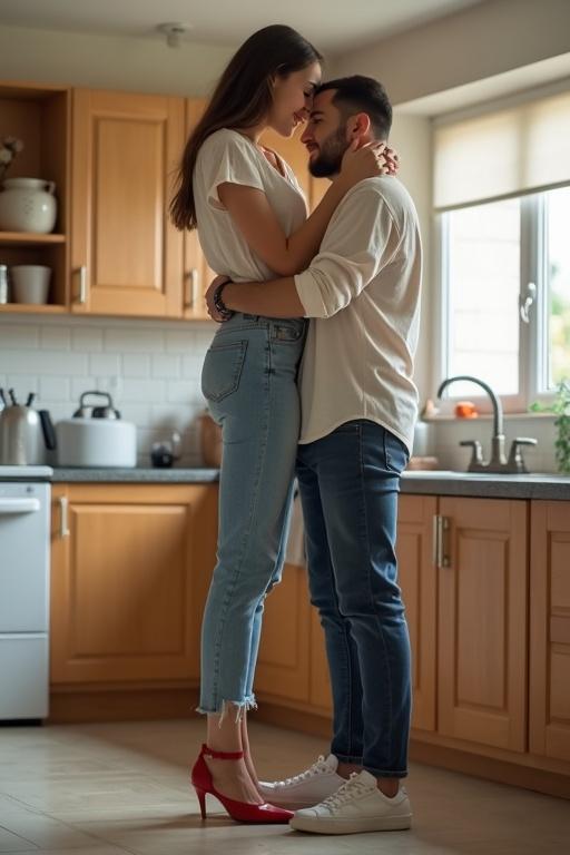 Joyful height comparison in a kitchen setting. Tall girl in high platform heels embraces short man. Both wear casual clothing. They are new dormitory roommates fascinated by their height difference.