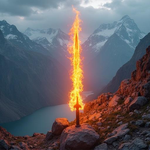 Fire sword radiates flames and stands erect on rocky terrain. Majestic mountains with snow caps surround the majestic landscape. A serene body of water is visible in the background under overcast skies. Vibrant orange flames contrast against earth tones of rocks and sky.