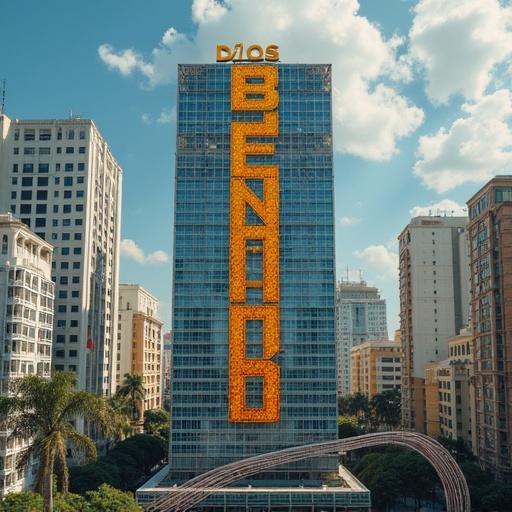 Create buildings next to a river with a shield featuring the text Dios Bendiga a Guayaquil.