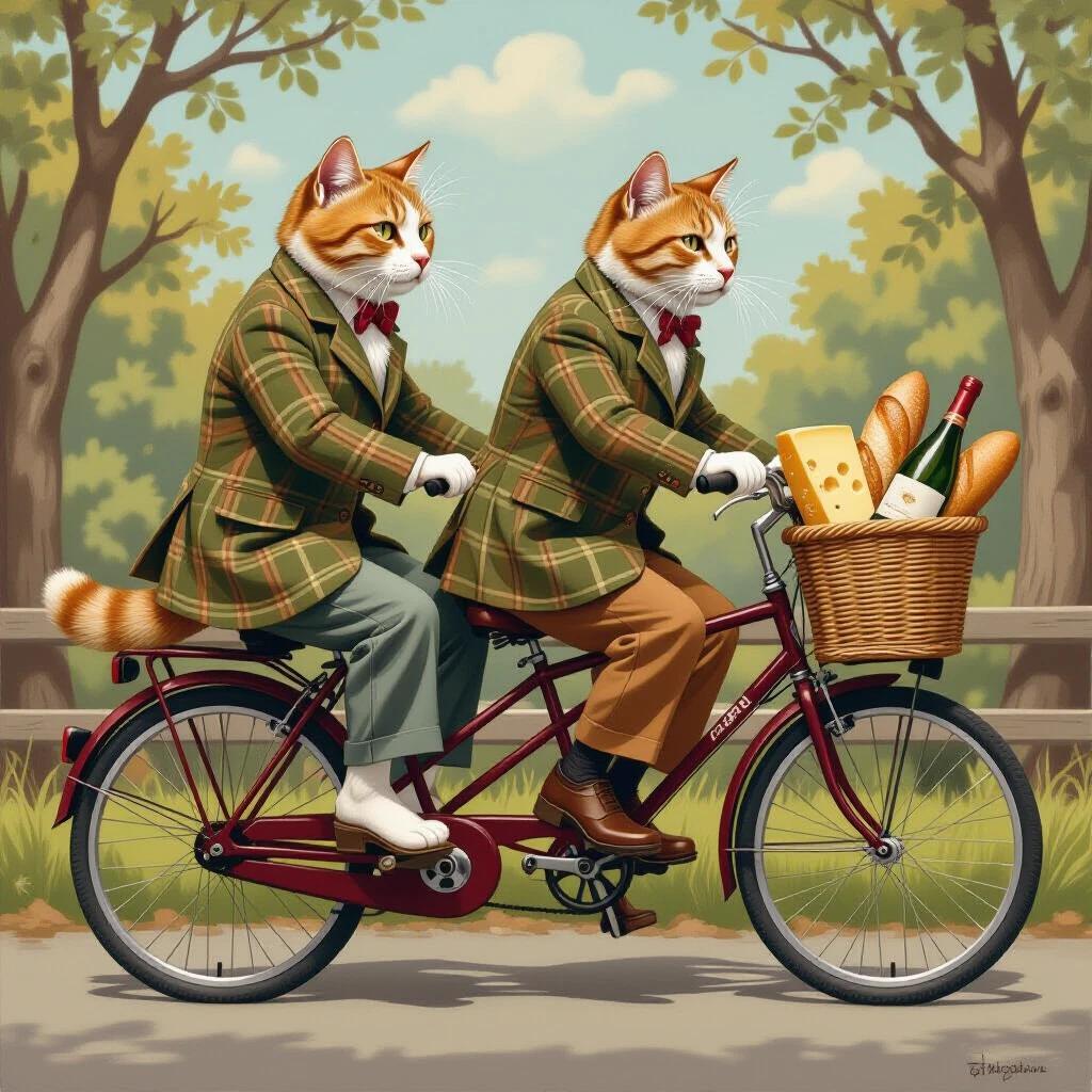 Two cats sit side by side on a tandem bicycle. They wear tweed jackets and are barefoot. The bicycle features a basket filled with a baguette, cheese, and a wine bottle. The setting is a scenic countryside road.