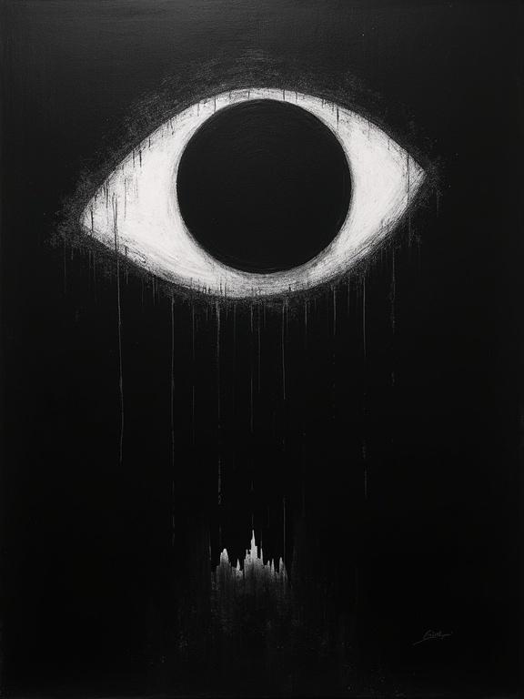 Rough oil painting with black background. Large eye silhouette in the corner. Eye contains cosmic darkness. Words at the bottom shaped like a town.