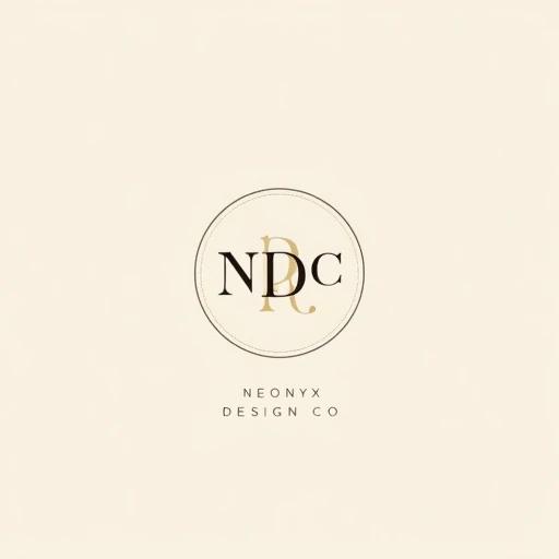 Logo design features initials NDC in elegant serif font. Initials are intertwined within a circular layout. Below initials is the full name Neonyx Design Co in minimal uppercase font. Color palette includes a soft sand background with charcoal gray text. The design fits inside a circle, ideal for Instagram or Etsy avatar.