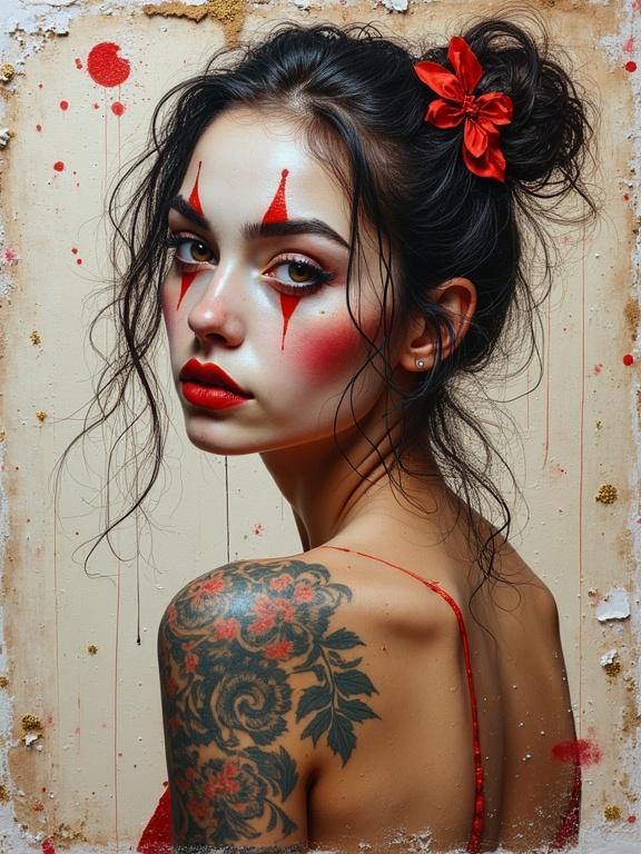Oil painting featuring a textured impasto style with mixed media elements. A young woman with a striking tattoo is styled as a sexy clown. The artwork includes collage elements like newspaper, jute fibers, and glitter, with visible scratches and drops.