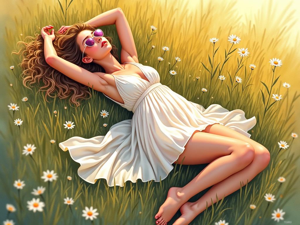 Watercolor painting of a young woman with golden curly hair and sun-kissed skin lying barefoot in tall grass on a warm summer day. She wears a light flowing summer dress. Arms stretched above her head. Pink heart-shaped sunglasses rest on her nose. Surrounded by wildflowers. Soft sunlight creates a peaceful scene. Expressive digital watercolor style.