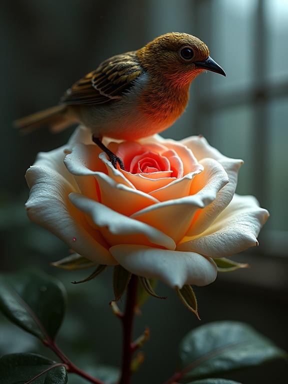 3D macro shot of a bird on a rose. The bird has copper-gold feathers. It is sitting on a rose with white petals. The background shows a house window. Dramatic lighting highlights the scene.