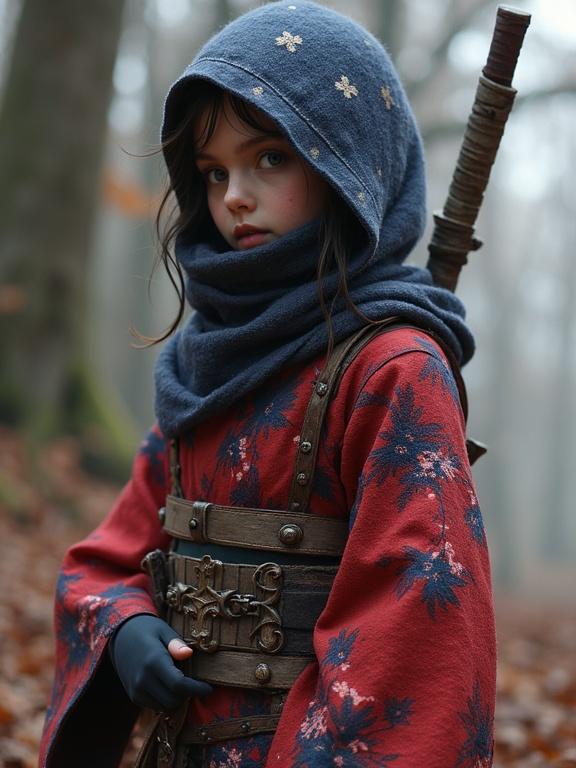 A young girl dressed as a ninja warrior stands in a misty forest. She wears a red robe with floral patterns and a navy blue hood. A sword is strapped on her back. The atmosphere is dreamy with soft lighting.