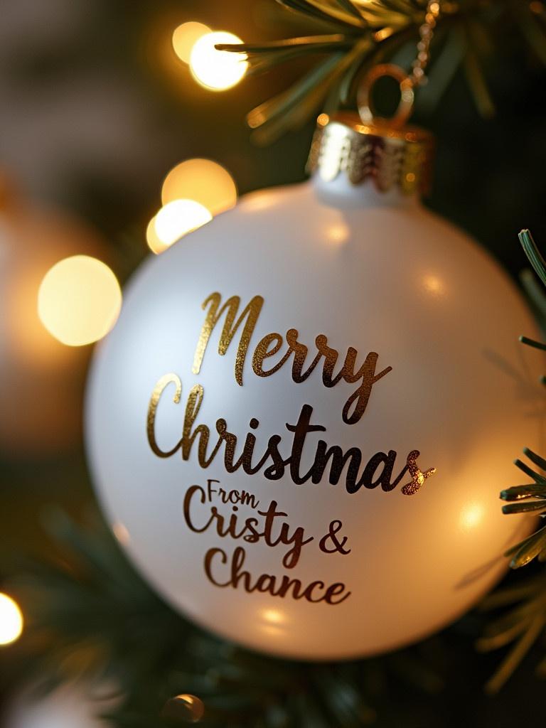 Close-up image of a white Christmas bauble. Text Merry Christmas From Cristy and Chance. Background has twinkling lights creating a festive atmosphere.