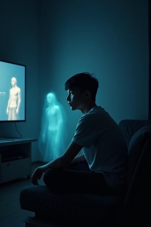 Digital artwork showing a young man in a dim room. He's sitting on a couch. His eyes are on a glowing screen. Posture is slouched. Expression is tired and empty. Ghostly figures in the background show lost opportunities and fading relationships. Environment is realistic with minimal editing. Lighting is moody and natural.