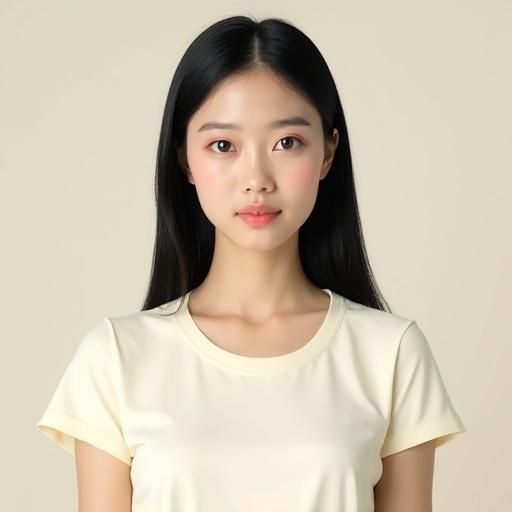 Photorealistic portrait of an East Asian woman. Straight black hair falling above shoulders. Wearing a plain cream t-shirt. Framed from head to just below chest. Centered with no cropping. Full frontal view. Neutral expression with natural skin texture. Oval face shape and subtle features. Soft, even lighting against a simple background.