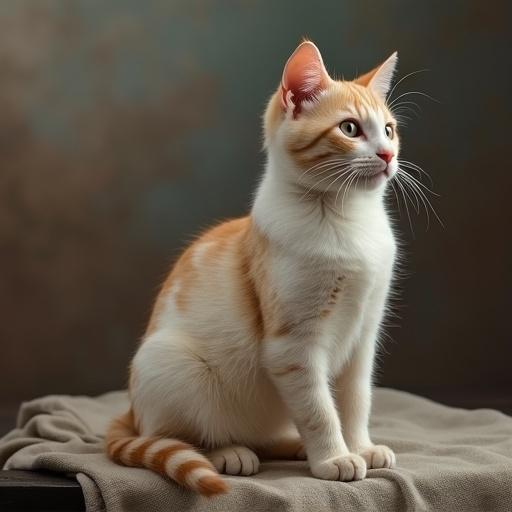 A single cat sitting gracefully on a surface. The cat has a white and orange coat. The background is softly blurred.
