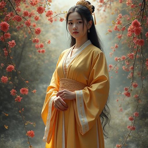 A woman dressed in traditional clothing stands amid blooming flowers. Soft lighting illuminates her. She has a serene expression. The scene evokes a sense of tranquility.