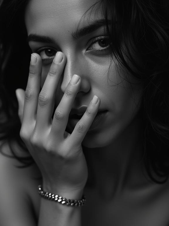 Image shows a black and white close-up portrait focusing on lower half of a face and hand. Medium skin tone with full lips and dark hair partially covering the face. Hand positioned over face with fingers splayed. Bracelet visible on wrist. Composition intimate and dramatic with emphasis on texture and contrast. Blurred foreground adds depth and focus.