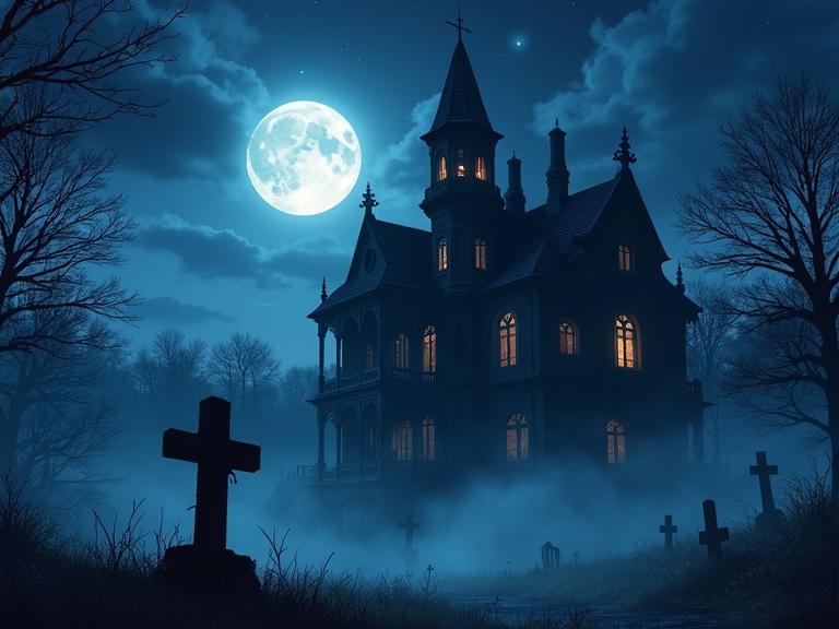 A gothic mansion depicted in anime style features intricate gothic architecture. The scene is shrouded in night fog under a starry sky. A large full moon glows in the background, bathing the mansion in an eerie light. In the foreground, a solitary grave is visible.
