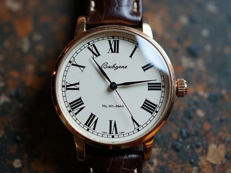 Analog watch with a prominent watch face. The small hand indicates 8. The big hand is absent. Features Roman numerals on a white background.