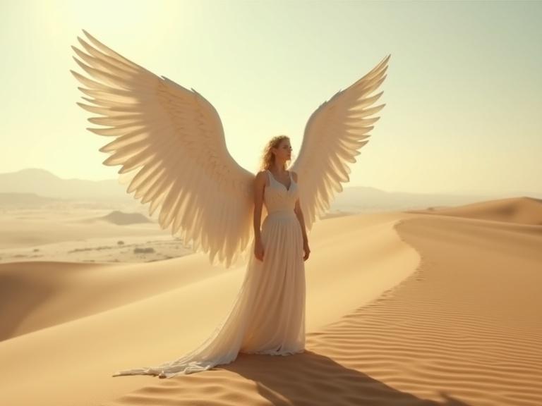 A white-winged angelic being standing elegantly in a golden sand dune desert. The bright sunlight enhances the beauty of the scene.