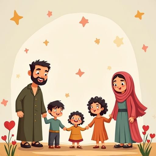 Family of five holding hands. Father Ahmed on the left wearing a long robe. Mother Marwa on the right wearing a long dress and headscarf. Two daughters Layan and Nouran beside their mother. Son Ali beside his father. Colorful stars in background.
