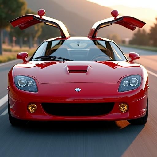 Image of a red 2001 Stratos Sirocco showcasing exterior design. Slim projector headlights with frosted glass. Gullwing hood for dramatic effect. Diamond-mesh grille with glowing badge. Sharp tornado line from front to rear. Flush-mounted door handles. 18 inch chrome alloy wheels. Rear features circular LED taillights and dual oval exhausts. Paint in Monaco Red with gold flake.