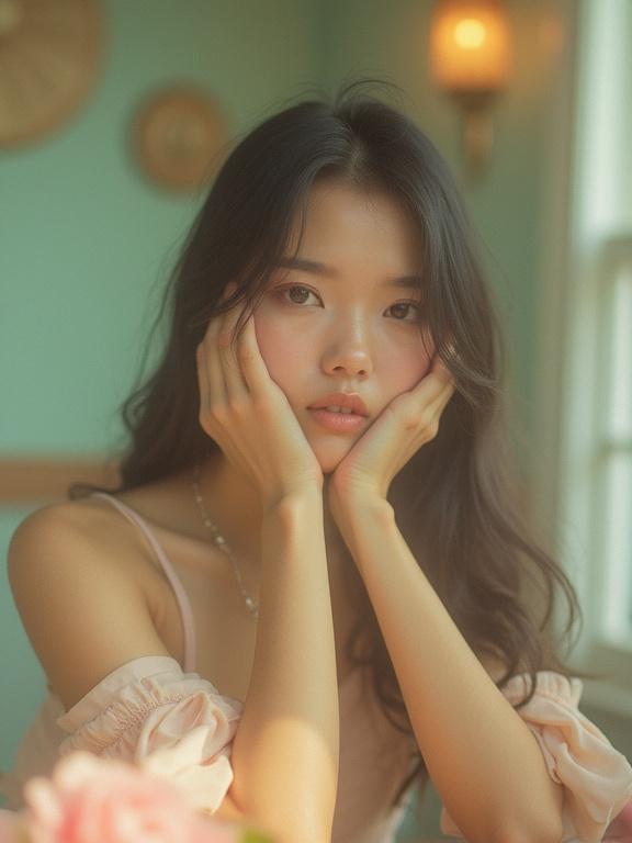 Super high fashion photography featuring a young Filipina woman in a cafe setting. Soft dreamy aesthetic with pastel tones and warm colors. Hazy effects with film grain evoke a surreal quality. Unposed shots create fairytale-like atmosphere.
