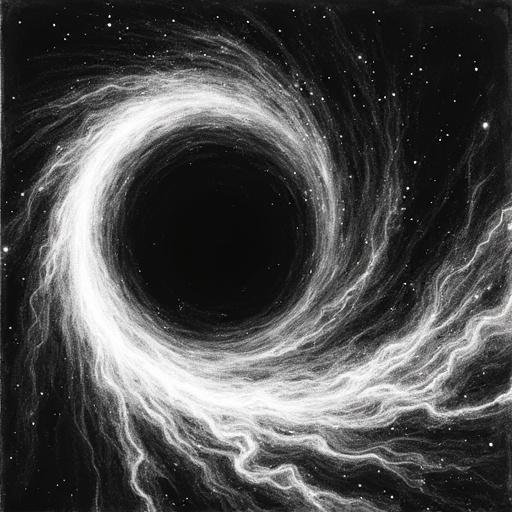 Black and white sketch depicts a glowing black hole. Spiral light curves around a dark center. Stars are faintly visible in the background. Imagery represents cosmic distortion in space.