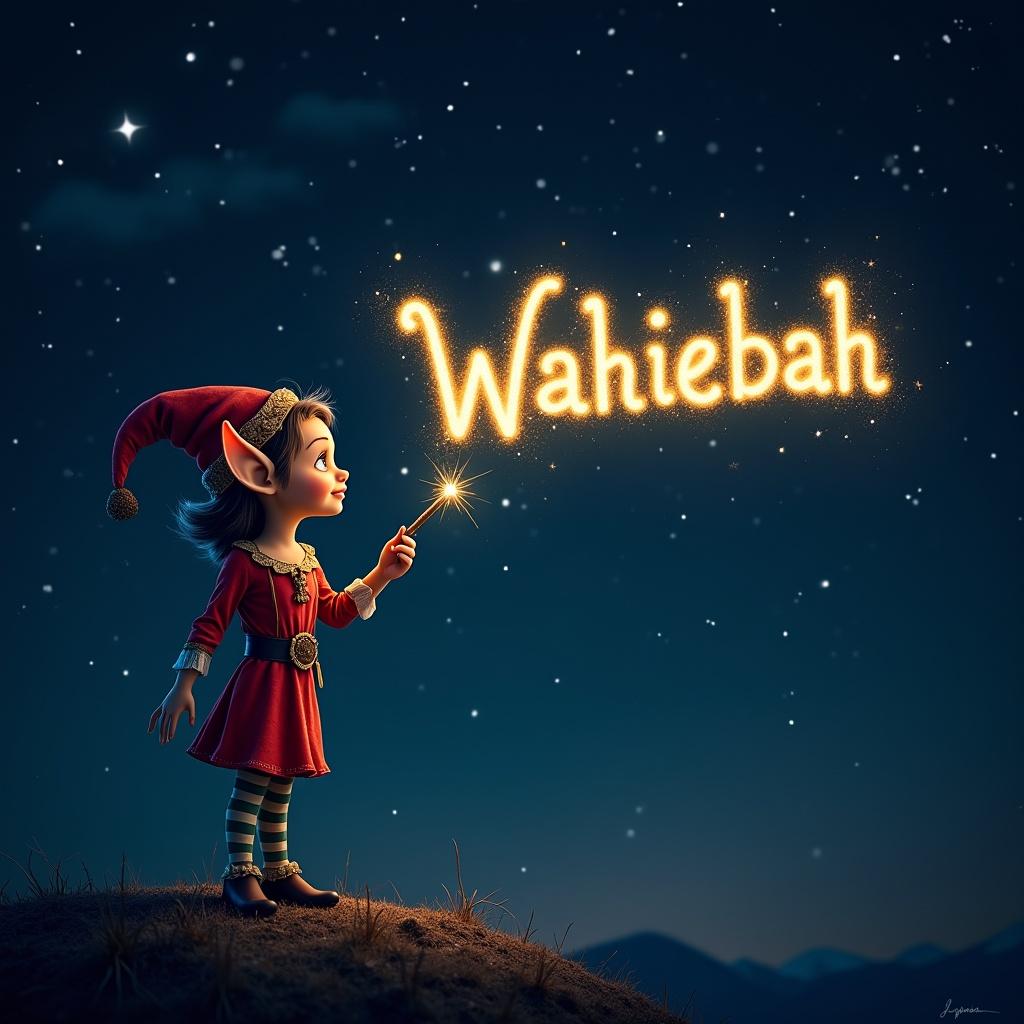 An elf uses a wand for writing names in sparkling text at a starry night sky. The name Wahiebah glows elegantly. Background is dark highlighting bright letters. It conveys magic and wonder resembling a fairy tale.