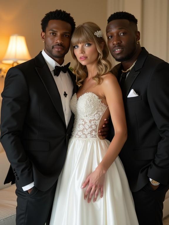 A bride poses with two male companions in a hotel setting. The bride wears a white wedding dress and veil, with long blonde hair and blue eyes. Two men are in black suits. They all smile and appear happy.