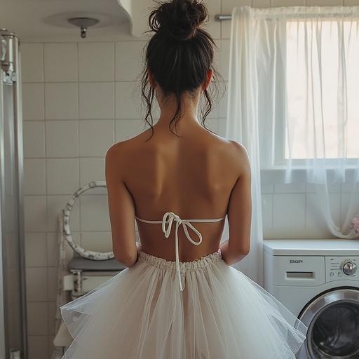 A girl doing laundry in a realistic 16x9 photo. She stands in a laundry room wearing a backless top and tulle skirt. Soft natural light filters through the window.