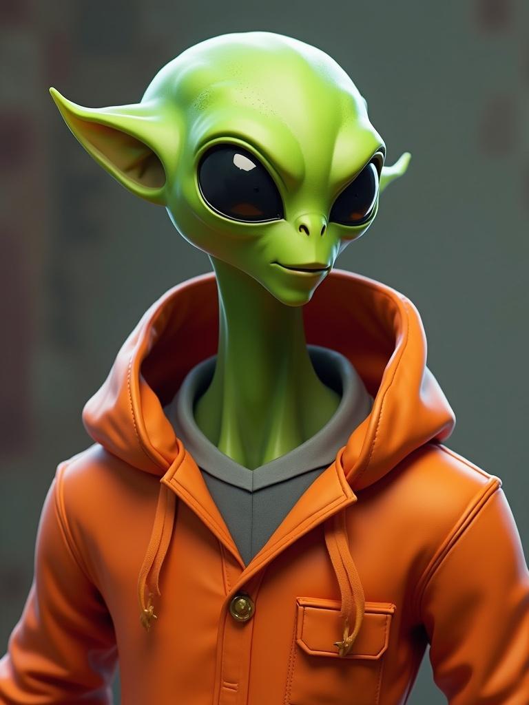 Stylized alien character wearing an orange prison robe. The alien has green skin and oversized ears. The character has no facial features. The outfit includes a hood and a front pocket.