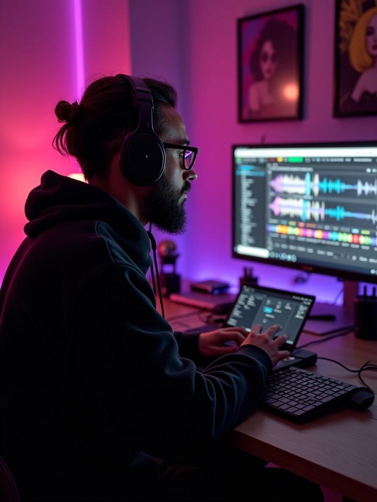 Cool rapper using a laptop in a creative workspace. Bright neon lights create an energetic vibe. Headphones on individual. Colorful screen displays audio editing software. Images on walls reflect music culture.