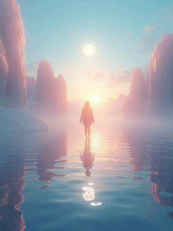 Hyperrealistic serene dreamlike scene with a lone figure in water. Environment blends reality and fiction with floating islands. Ethereal lighting combines warm and cool tones. Creates profound tranquility and wonder. A visually striking dream.