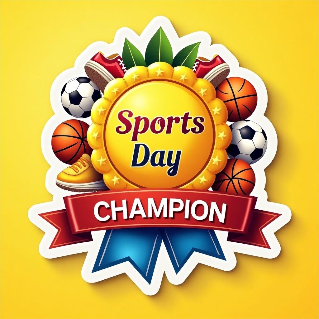 Sticker design featuring a central emblem for Sports Day. Elements include soccer balls, basketballs, running shoes, and a sun-like medal. The banner reads 'Champion'. Bright colors dominate the design.