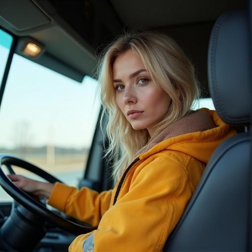 Portrait of a blonde girl driving a Volvo truck. Focus on the driver in the truck cabin. Natural light and soft shadows emphasize her features.