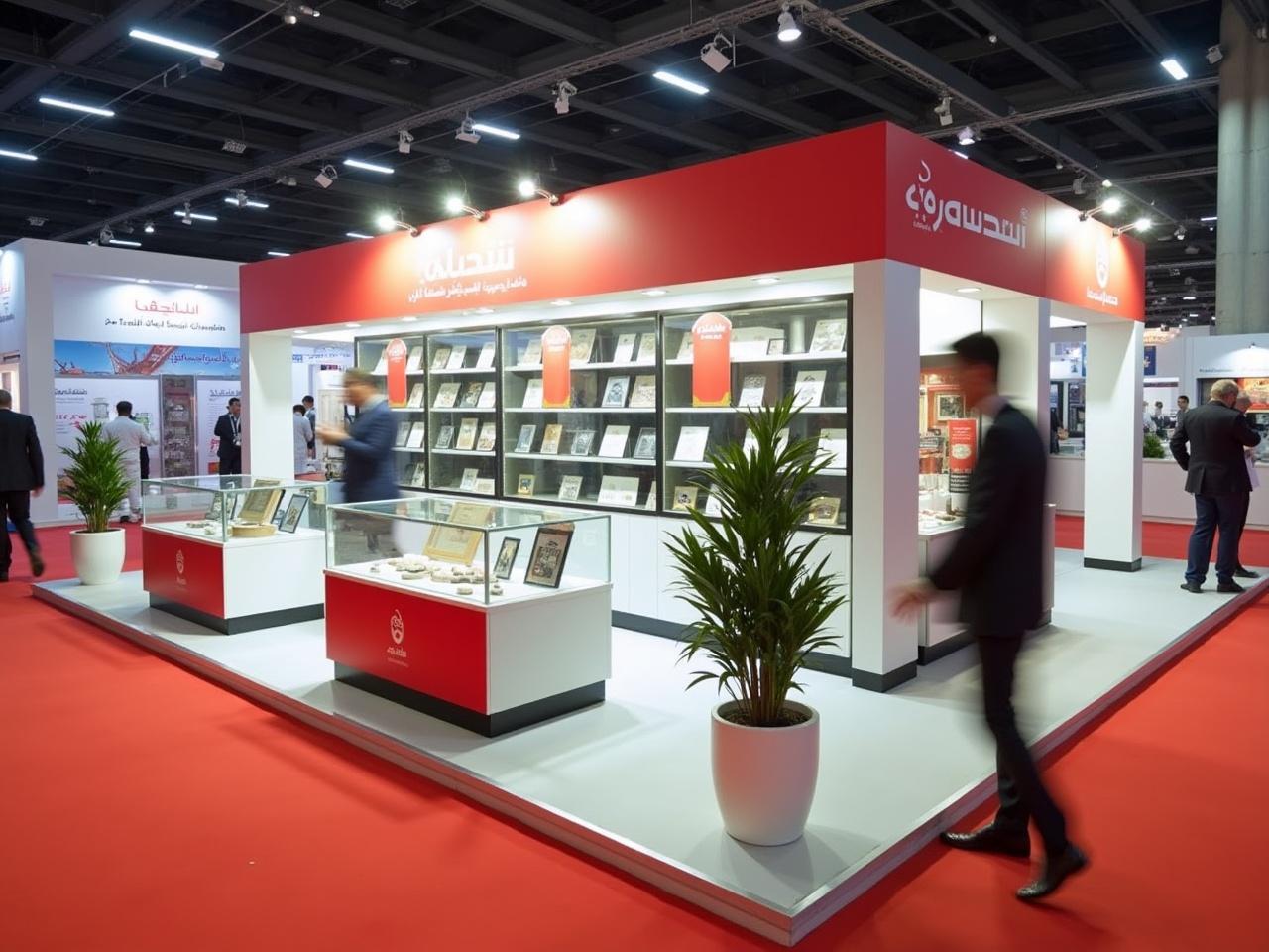 The image shows a booth at a trade exhibition. The booth features a modern design with a white and red color scheme. Display cases showcase various products, possibly awards or memorabilia, under bright lighting. There are potted plants adding a touch of greenery. In the background, you can see attendees walking around, indicating a busy event. Nearby booths have signs in Arabic, suggesting an international or regional focus for the exhibition.