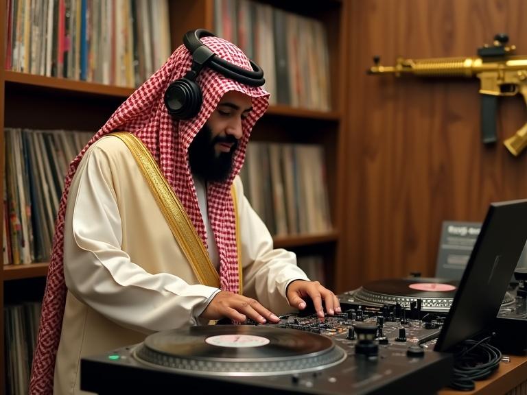 Saudi DJ mixing music on turntables in a record store. Wears professional headphones. Gold AK-47 on the wall. Surrounded by vinyl records. Enjoying the music.