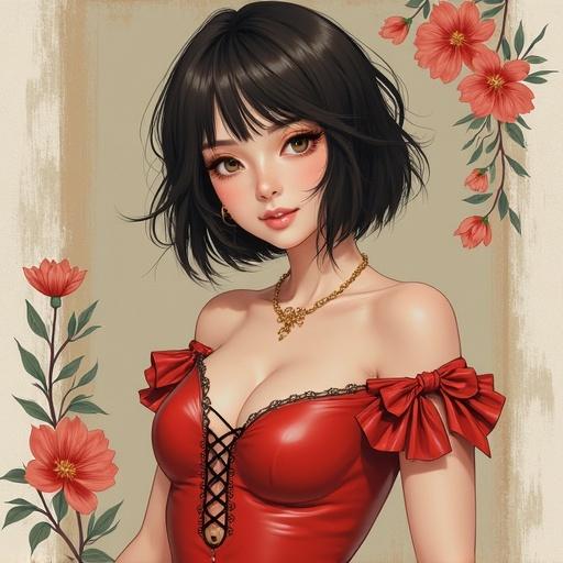 A young Japanese woman in a red dress with floral accents. She has a short bob hairstyle and a charming expression. The background features floral decorations, enhancing the visual appeal of the portrait.