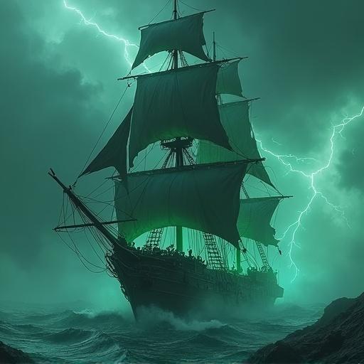 A massive undead pirate ship emerges from stormy seas. The rigging is made of bones. Torn black sails glow with ghostly green light. Fog and lightning surround the ship. A haunted crew of skeletal pirates is on deck. Dark fantasy style visualization with high detail in 4K resolution.