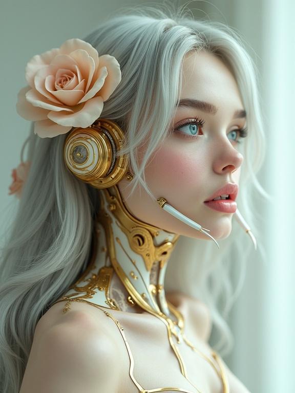 Provocative, elegant female figure with long light-grey hair posed in full body view. Detailed mechanical features adorned with gold. Intricate floral patterns in cream and rose tones enhance porcelain skin. Gold framework complements pale skin. Large expressive blue eyes gaze off to the side. Soft expression suggests serenity. Full lips slightly parted with porcelain fangs. Soft light highlights delicate details and enhance portrait's dimensional quality. Dreamy romantic atmosphere. Artistic style blends realism with mechanical aesthetics in a cyberpunk and surreal manner.